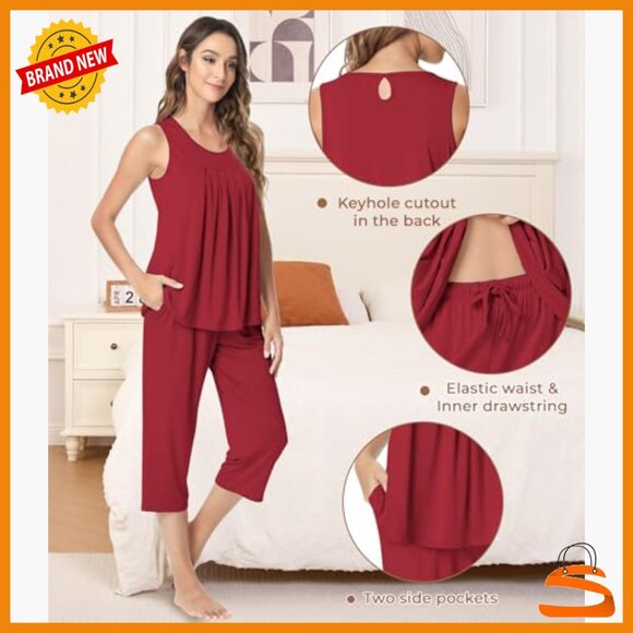 Sleeveless Bamboo Viscose Pajama Set, Capri Pants, Cooling Sleepwear, X-Large - Picture 4 of 7